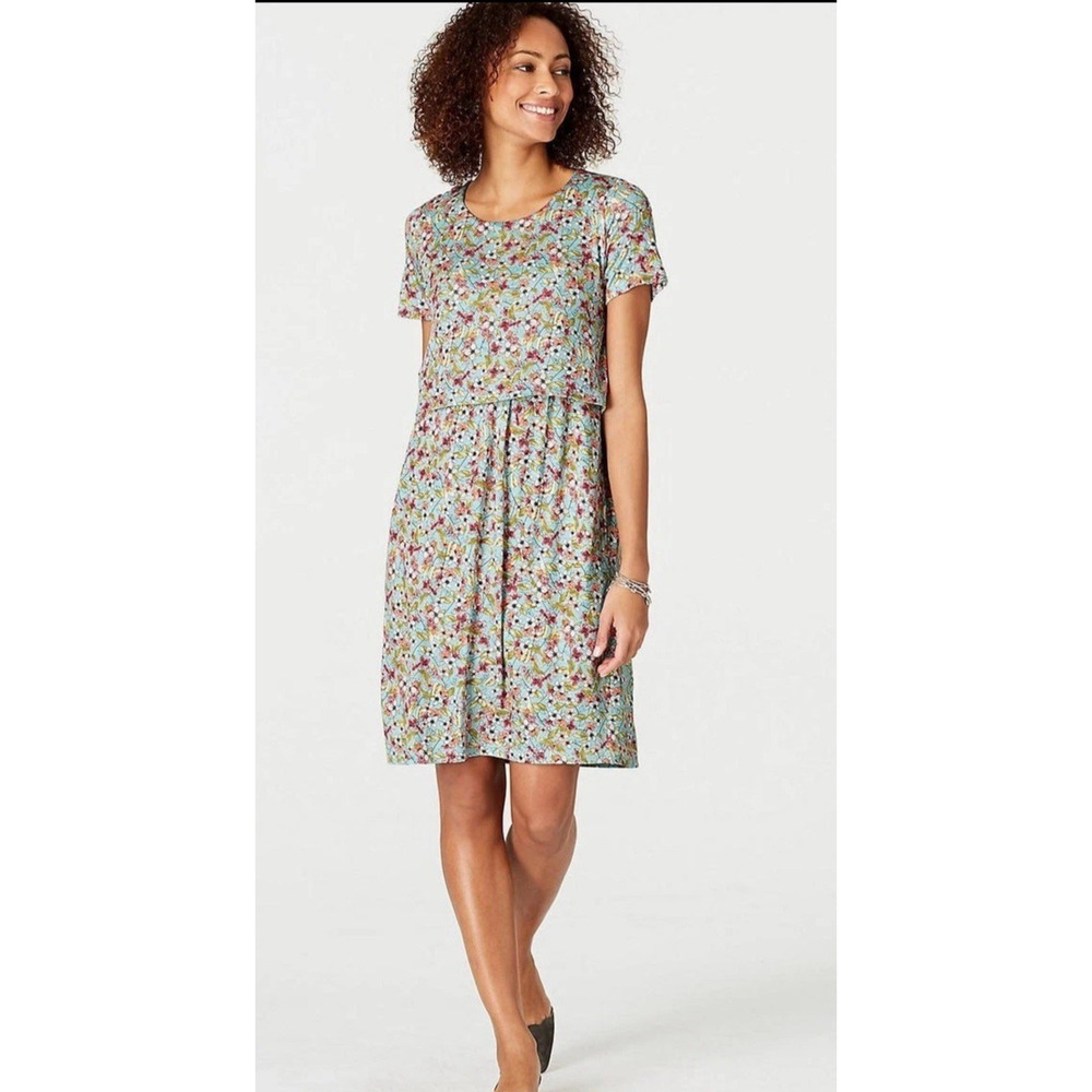 J. Jill Pullover Dress XL Layered Knit Pockets Relaxed Blue Floral Cottagecore